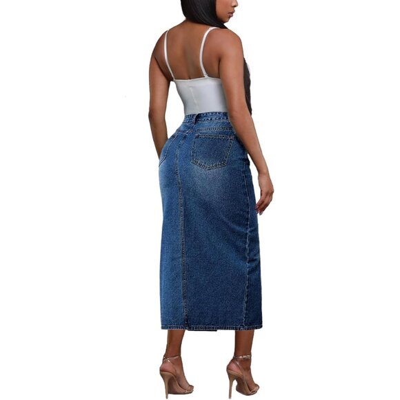 Denim Skirt Women High Waist Midi Pockets Casual Office Versatile - Picture 2 of 4